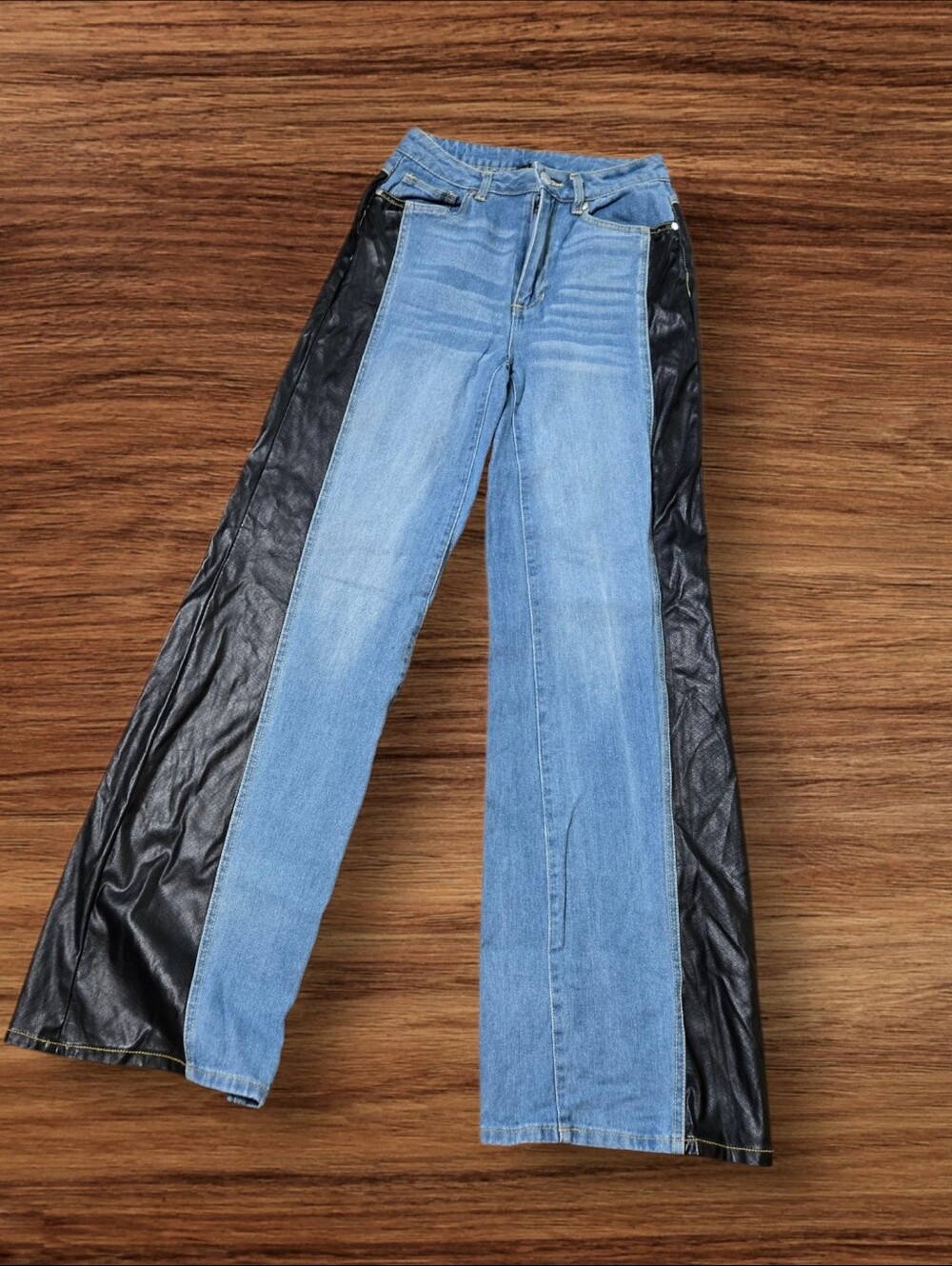 VENUS Festival  Light Blue Denim Jeans with Black Faux Leather